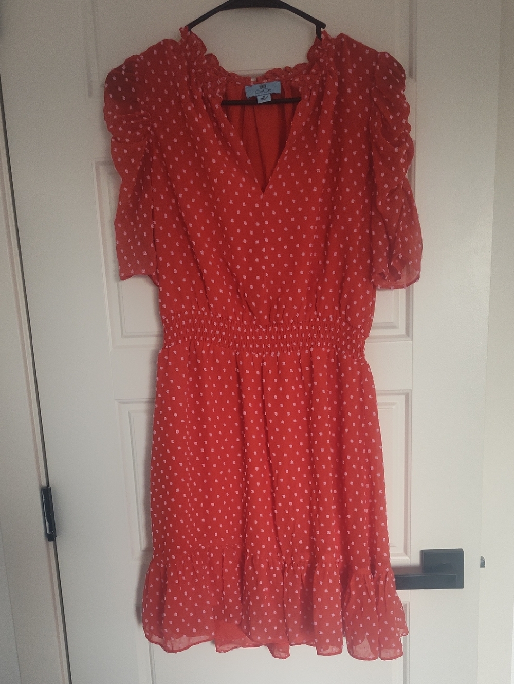 CeCe Coral Red Polka Dot Smocked Midi Dress